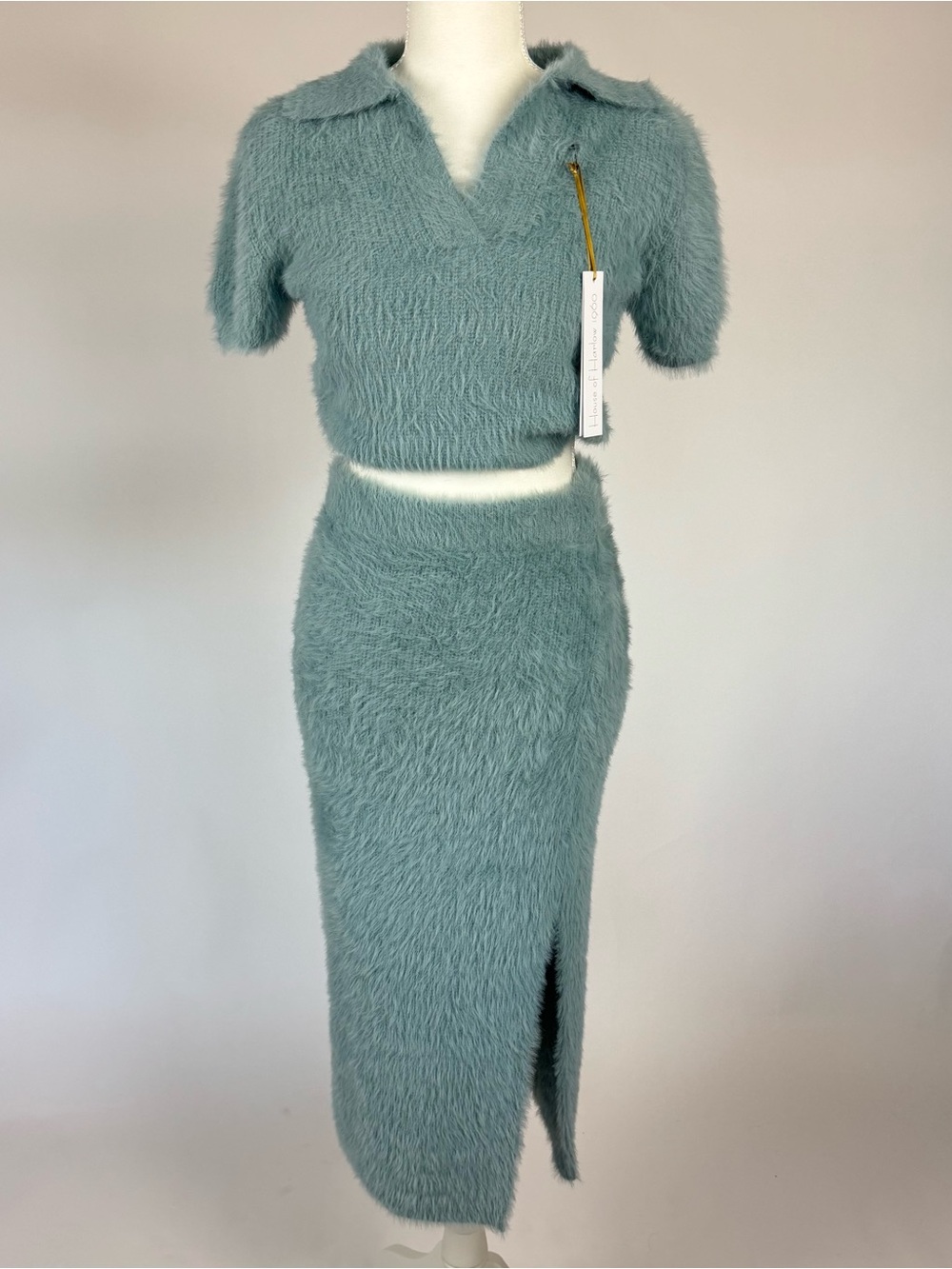 House of Harlow 1960 Fuzzy Pencil Skirt in Sage Blue